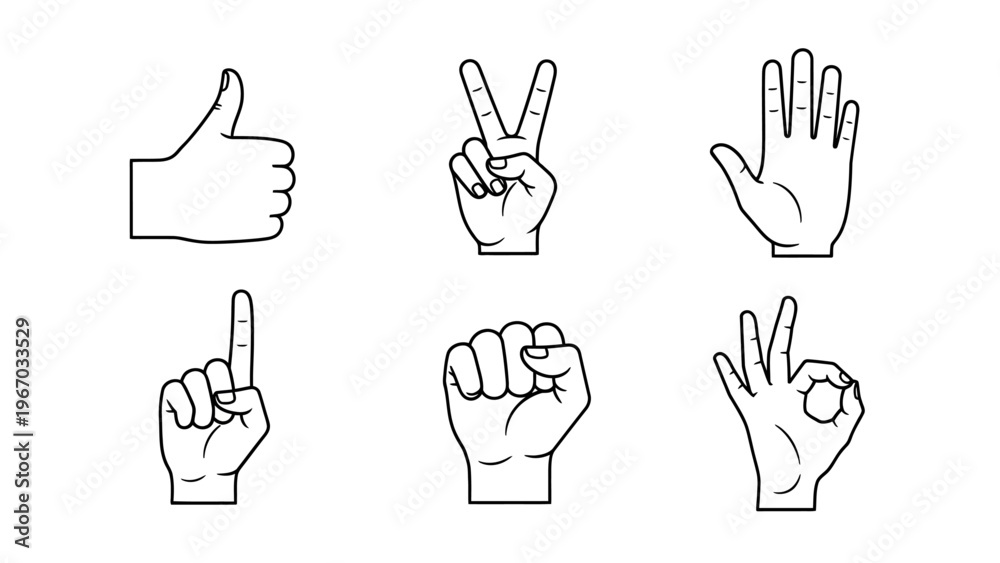 Fototapeta premium Collection of Hand Gesture Illustrations Depicting Various Sign Languages and Signals for