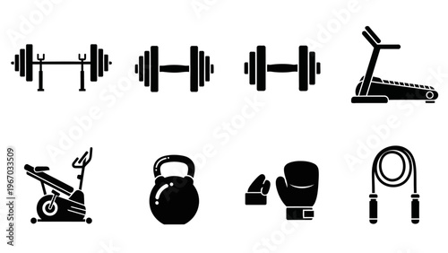 Collection of gym equipment and fitness icons including weights treadmill and exercise gear