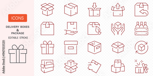 Delivery boxes and package, thin line icon set. Symbol collection in transparent background. Editable vector stroke