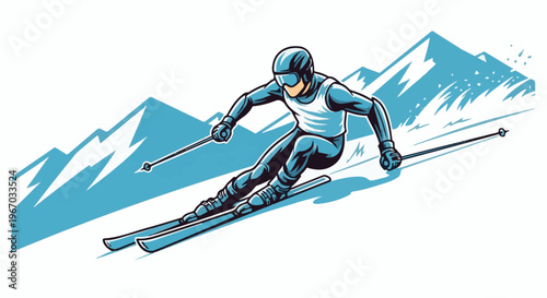 Dynamic illustration of a skier descending a snowy mountain slope