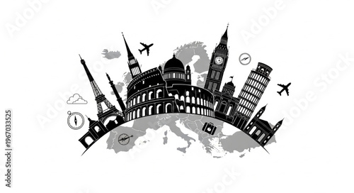 Famous European Landmarks Silhouette Travel Around the World.