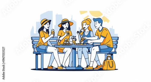 Four friends enjoying a sunny outdoor meal with pizza and drinks