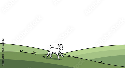 A small white stylized baby goat with tiny horns and hooves is running across gently rolling green hills against a vast white background.