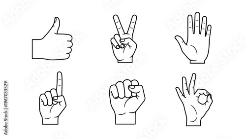 Collection of Hand Gesture Illustrations Depicting Various Sign Languages and Signals for