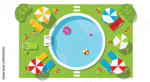 A circular swimming pool with blue water is surrounded by green grass, colorful flowers, six striped beach umbrellas, lounge chairs, inflatable rings, and beach balls from a top-down view.