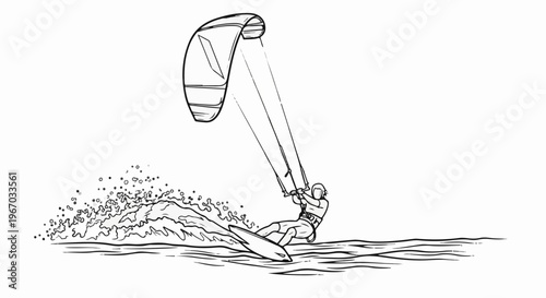 Dynamic illustration of a person kitesurfing, riding a board on water, pulled by a kite