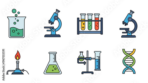 Collection of laboratory science icons illustrating experiments and chemicals in a minimalistic