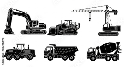 Collection of Construction Vehicles and Equipment Silhouettes.