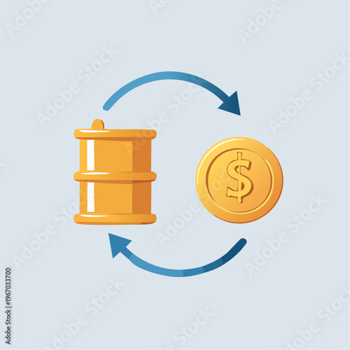 Oil Trade Exchange Concept with Barrel and Dollar Coin, Petroleum Pricing and Energy Market Vector Illustration