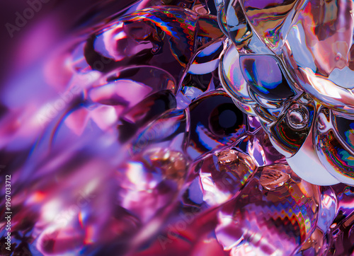3D rendering of Liquid Glass iridescent bubble cluster with abstract reflective surface