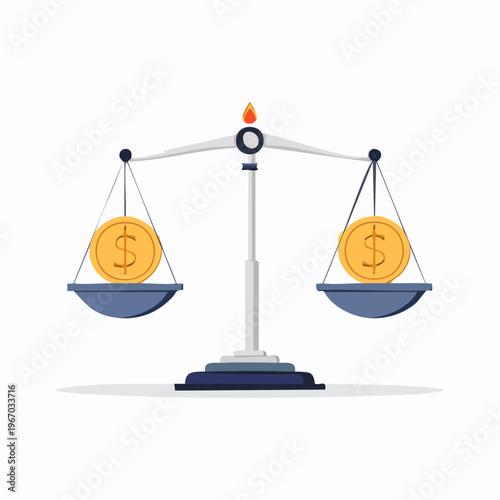 A perfectly balanced scale with two golden dollar coins, symbolizing financial equality, fair trade, or equal value in economic transactions.