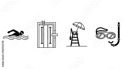 Collection of Minimalist Swimming, Weather Monitoring, Beach Umbrella, and Snorkeling Icons