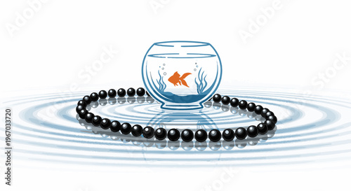 Goldfish in bowl on water ripples surrounded by pearl necklace