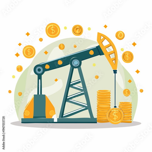 Illustration of an oil pumpjack extracting oil, surrounded by stacks of gold coins and floating dollar coins, symbolizing oil industry profits and wealth.
