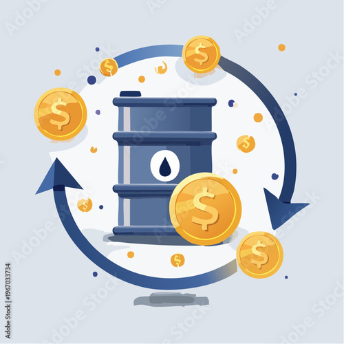 Illustration of an oil barrel surrounded by circulating dollar coins and arrows, symbolizing oil trade, energy economy, and financial transactions.