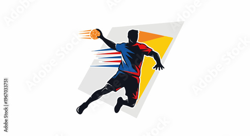 Dynamic handball player in mid-air, throwing ball with speed lines