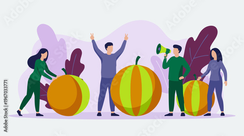 People celebrating harvest with giant striped gourds and megaphone