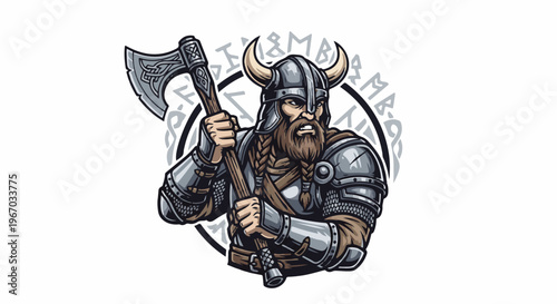 Fierce warrior in armor holds axe with braided beard and horned helmet