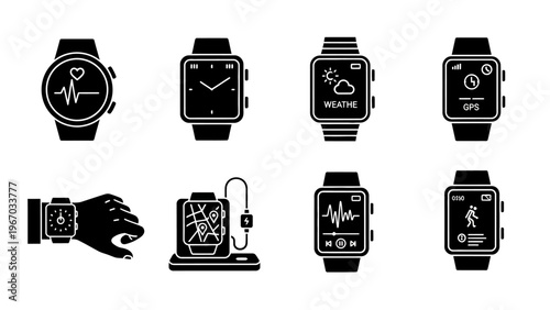 Collection of modern smartwatches and fitness trackers with different display screens and