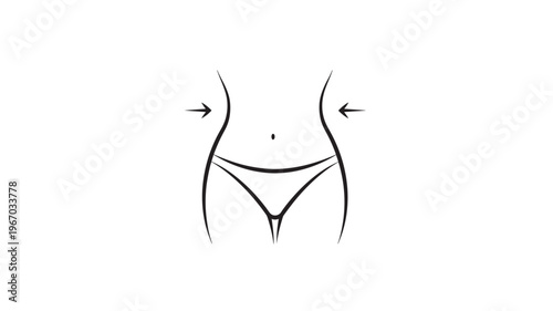 Waist measurement outline with arrows indicating size and a central dot representing a navel, presented as a minimalist graphic.