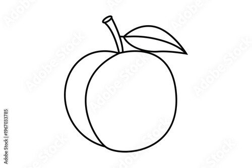 Whimsical Line Art Illustration of a Plum with a Single Leaf, Minimalist Black and White Sketch on White Background