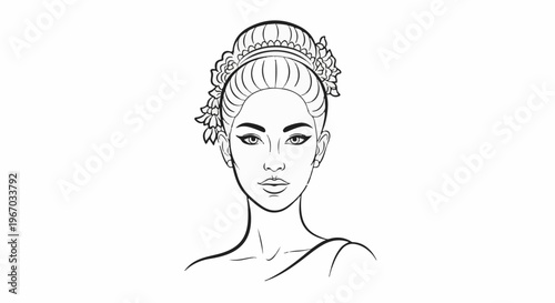 Elegant line drawing of a woman with an elaborate updo and floral adornments