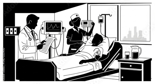 Medical Team Cares for Patient in Hospital Room.