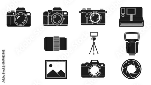 Collection of Photography Equipment Icons including Cameras and Accessories for Creative Design