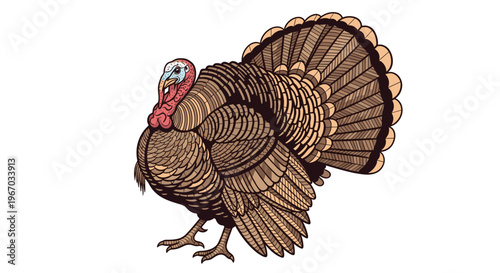 Detailed illustration of a large male turkey with brown feathers and red wattle isolated on a white background for thanksgiving theme.