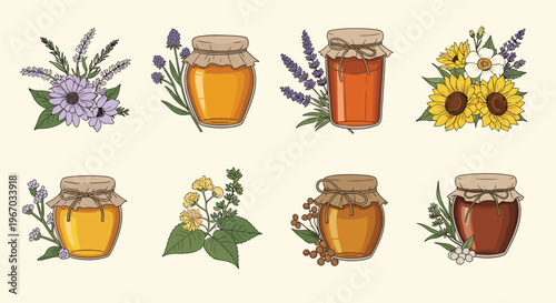 Set of glass honey jars decorated with various flowers like sunflowers and lavender representing different types of organic honey.