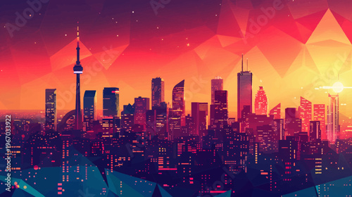 Abstract geometric skyline at sunset cityscape illustration and colorful night sky