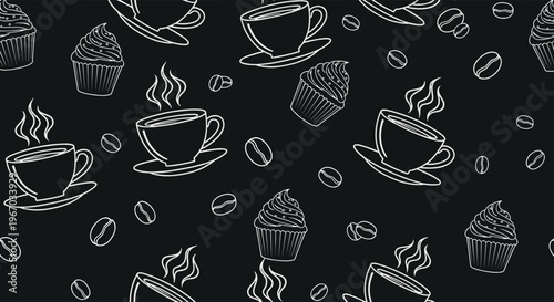 Dark chalkboard seamless pattern featuring steaming cups of coffee and sweet muffins for a cozy cafe or bakery atmosphere.