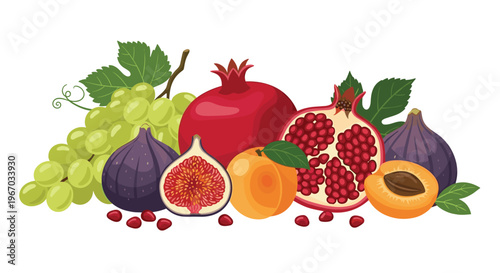 Rich selection of mediterranean fruits including ripe pomegranates, sweet figs, green grapes, and apricots on white background.