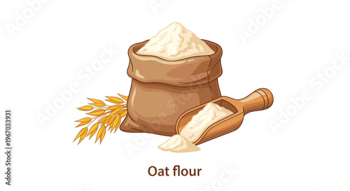 Rustic illustration of a burlap sack filled with white oat flour alongside a wooden scoop and fresh golden oat stalks.