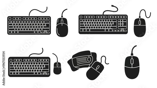 Collection of silhouette illustrations of different computer keyboards and mice for technology or