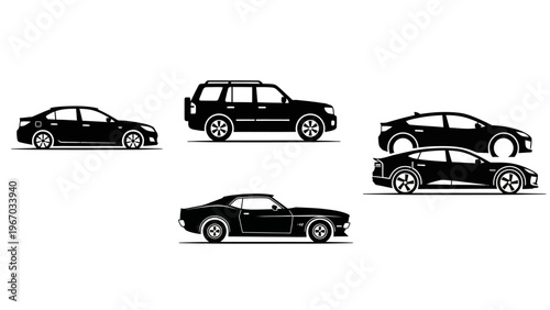 Collection of Silhouettes of Various Classic and Modern Cars in Side View