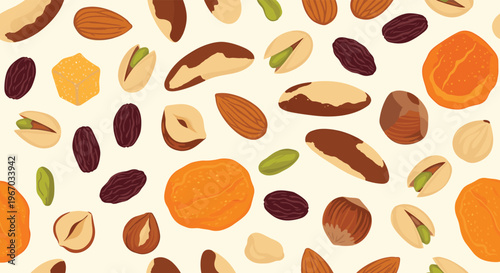 Delicious seamless pattern featuring a variety of nuts like almonds and hazelnuts mixed with sweet raisins and dried apricots.