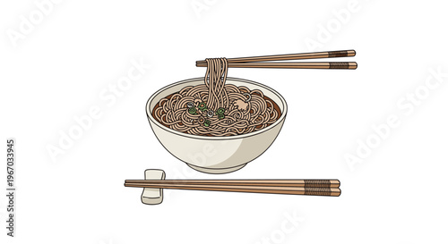 Bowl of traditional Japanese soba noodles with chopsticks lifting a portion and another pair on a ceramic rest over a white background.