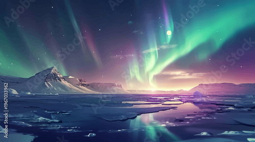 Stunning aurora borealis display over snowy mountains and icy waters