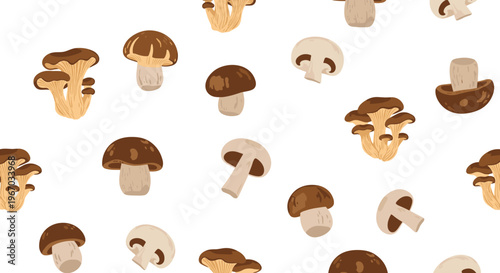 Seamless pattern featuring a mix of different edible mushrooms like porcini and button mushrooms for nature and cooking backgrounds.