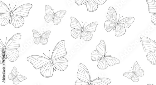 Elegant seamless pattern with various hand drawn butterflies in black and white silhouette style on a plain white background.