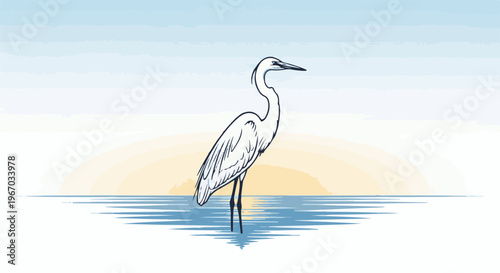 Elegant heron stands in serene water at sunset
