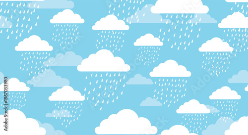 Seamless pattern featuring cute white clouds and rain drops on a bright blue sky background perfect for children textile design or wallpaper.