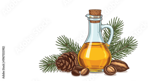 Glass bottle filled with golden cedar oil surrounded by pine needles and cones on a white background representing natural cosmetic products.
