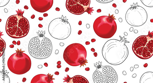 Vibrant seamless pattern with whole pomegranates, halved fruit showing red seeds, and line art outlines on a white background.