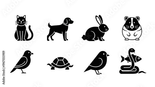 Collection of simple black and white animal icons including cat dog rabbit bird turtle and fish