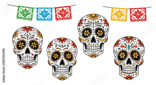 Collection of four colorful decorated sugar skulls with traditional Mexican festive banners for Day of the Dead or Halloween celebrations.