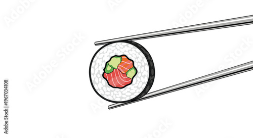 Close-up illustration shows a single sushi maki roll with salmon and cucumber being held by a pair of silver metal chopsticks.