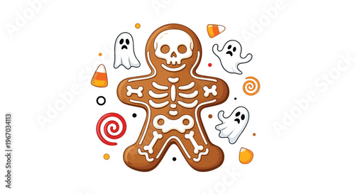 Halloween gingerbread man decorated like a white skeleton is surrounded by ghosts, candy corn, and sugar treats on white background.