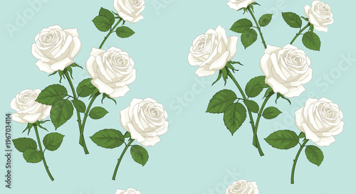 Elegant seamless pattern features clusters of white roses and green leaves repeating over a soft light blue background for textiles.